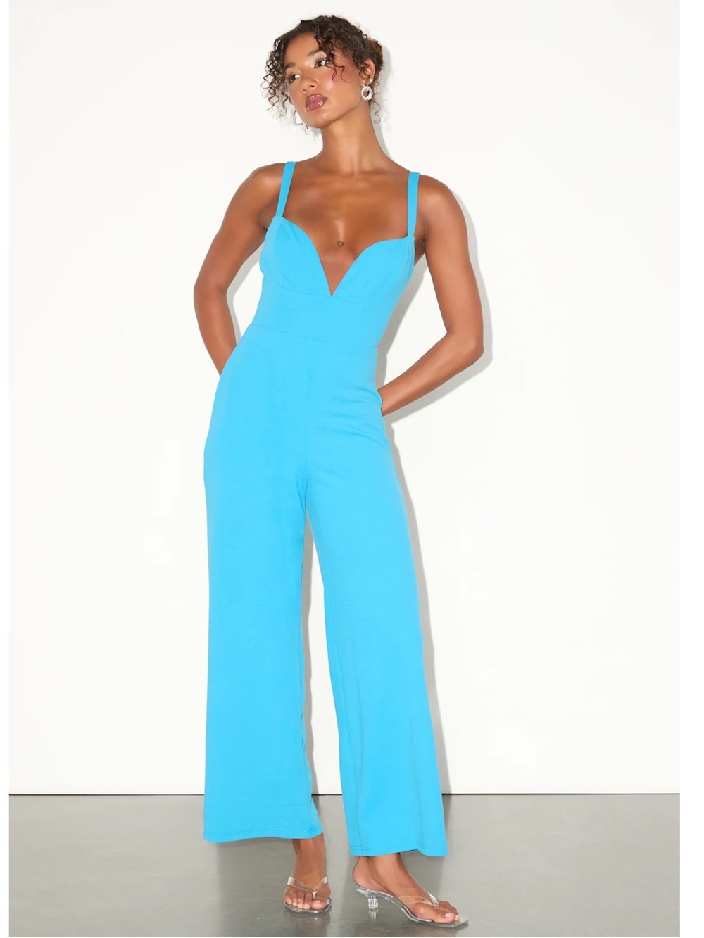 Lulus Brighton Bright Blue Plunge V‑Neck Wide‑Leg Crepe Knit Jumpsuit Event M
